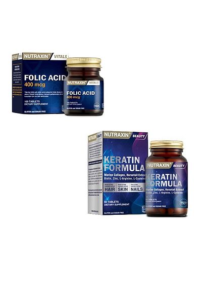 Nutraxin Keratin Formula - Folic Acid 100 Tablets + Biotin, Zinc and Vitamin B 60 Tablets