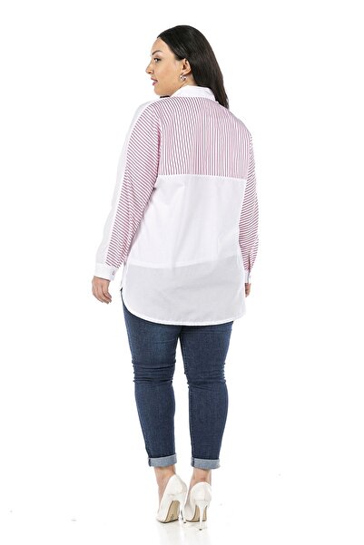 DISENTIS MODEST Cămașă albă fucsia - mânecă liliac, buzunar pentru geantă, combinație de dungi, mărime Plus