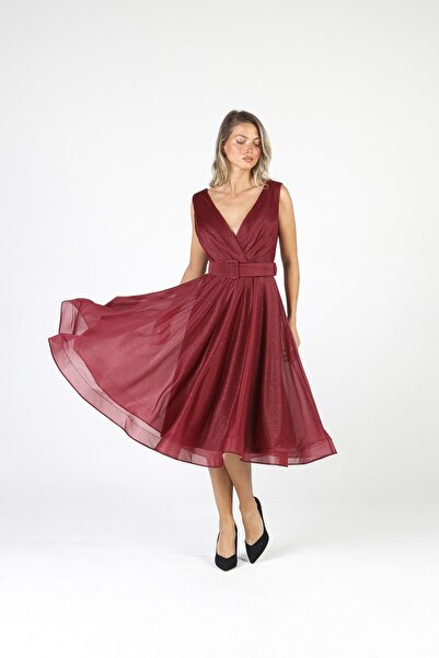 ALİS DRESS Bordo Rengi Kemerli Simli Şifon Elbise