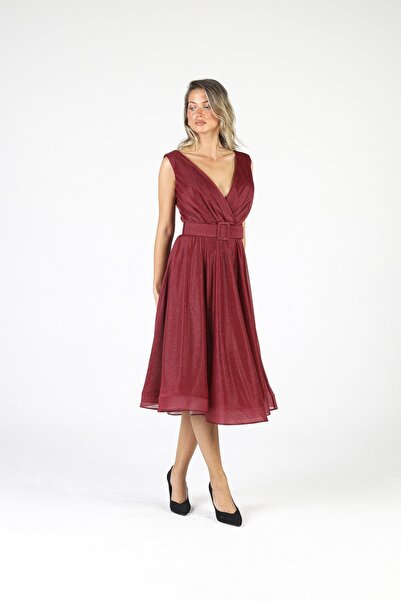 ALİS DRESS Bordo Rengi Kemerli Simli Şifon Elbise