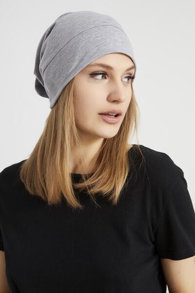 Butikgiz Kadın Gri, Ip Detaylı Trendy Özel Tasarım 4 Mevsim Şapka Bere Buff -ultra Yumuşak Doğal Penye Kumaş