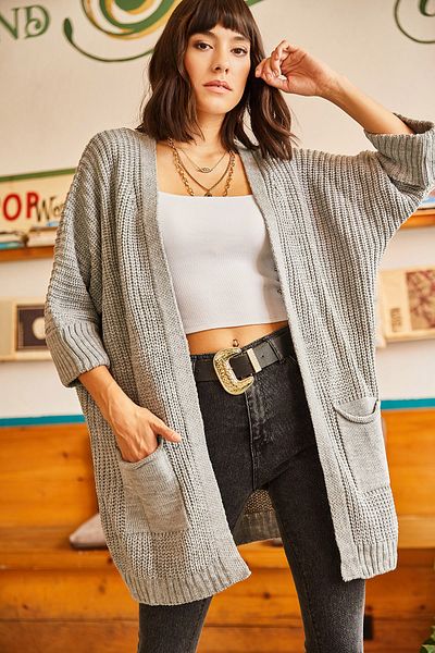 Olalook Graue Strickjacke mit gefalteten Armtaschen für Damen HRK-19000123