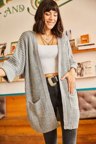 Olalook Woman's Gray Arm Folded Pocket Loose Knit Cardigan HRK-19000123