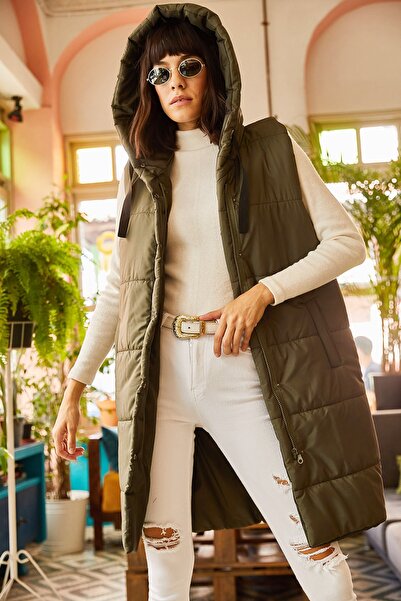 Olalook Kadın Haki Kapşonlu Cepli Şişme Yelek YLK-19000007