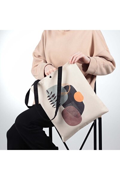 pamukcanta Geometric Design Thick Fabric Cloth Bag with Snap Fasteners