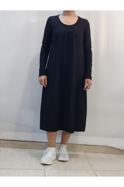 Mertcan Butik Robada Gathered Long Sleeve Black Tunic Dress