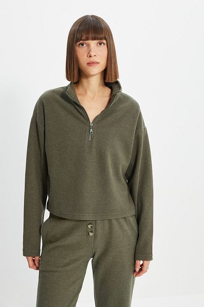 Trendyol Collection Khaki Thessaloniki/Knitwear Look Zip Límec Regular/Normal Fit Pletená mikina TWOAW22SW0732