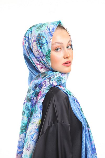 19V69 ITALIA Şal Albastru Galben Motiv Floral Seria Elegante cu Umeraş pentru eşarfe şi Set Cadou 75x200 Cm
