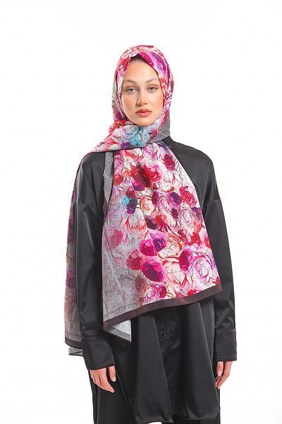 19V69 ITALIA Anthracite Brown Shawl Floral Pattern Elegante Series with Scarf Hanger 75x200 Cm