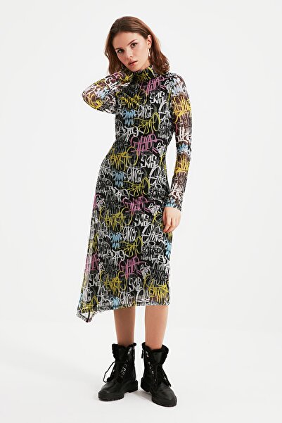 Trendyol Kollektion Mehrfarbiges Petite-Strickkleid mit hohem Kragen und bedr...