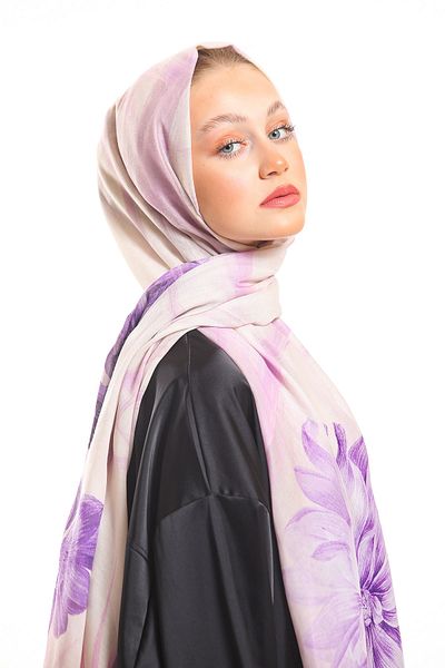 19V69 ITALIA Cream Lilac Shawl Geometric Floral Pattern Pavia Series with Scarf Hanger 90x200 Cm