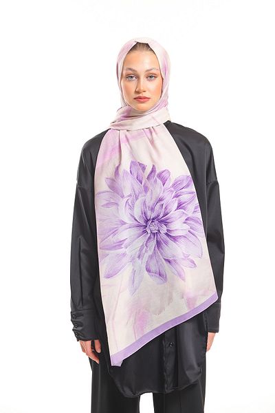 19V69 ITALIA Cream Lilac Shawl Geometric Floral Pattern Pavia Series with Scarf Hanger 90x200 Cm