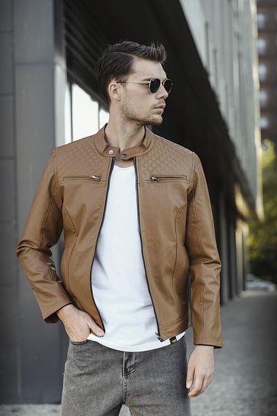 Oksit Δερμάτινο μπουφάν Filbert - Slim Fit, με φλις επένδυση και λεπτομέρεια από καπό