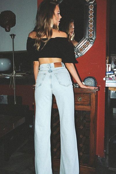 Ramrod Blaue, schneegewaschene Lycra-Jeans mit lockerem, weitem Bein (Super High Waist)