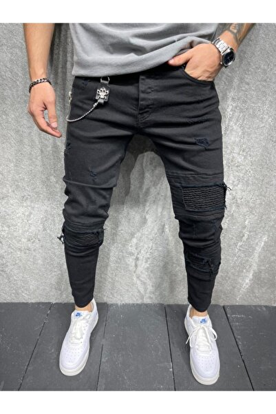 BPM Premium Ray Desen Zincirli Erkek Kot Pantolon Siyah