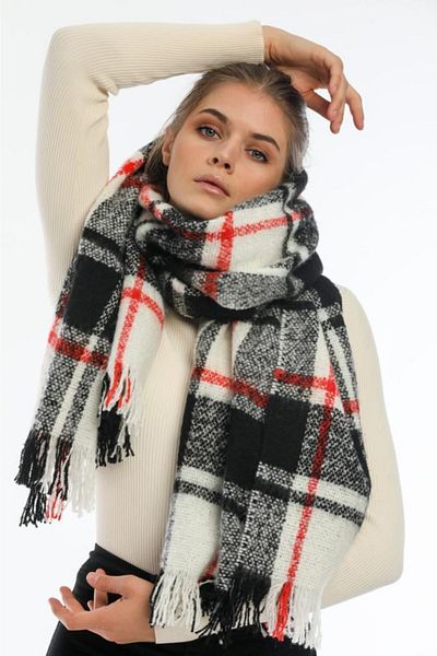 laviyonsa Black Checkered Red Line Scarf