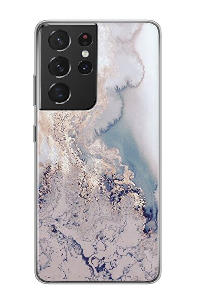 Spoyi Samsung Galaxy S21 Ultra Lila Mermer Tasarımlı Süper Şeffaf Telefon Kılıfı