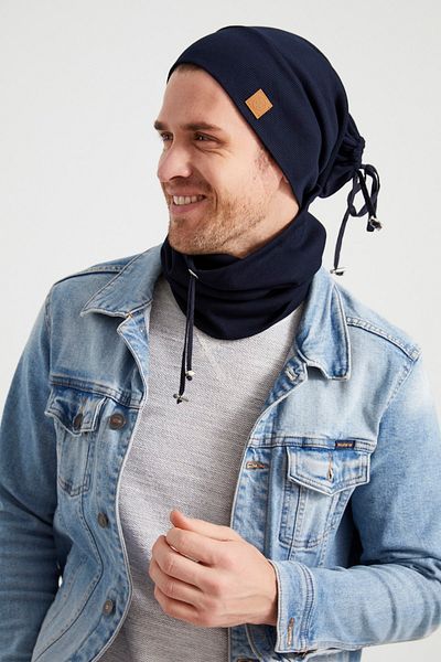 Butikgiz Men's Young Elite Navy Blue Rope Detailed Hat Beanie Neck Collar Suit - Sports, Comfortable, 100% Cotton Camisole