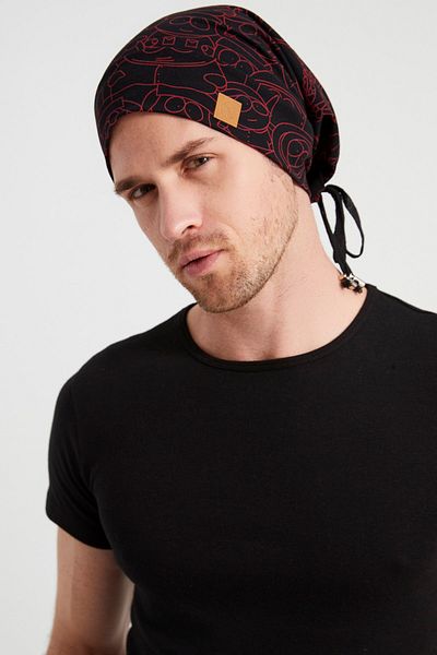 Butikgiz Men's Black, Red Patterned, Rope Detailed 4 Season Hat Beret Buff - Ultra Soft Natural Combed Cotton