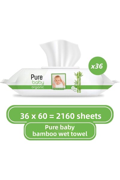 Pure Baby منشفة مبللة بخلاصة الخيزران العضوي 36×60 (2160 ورقة)