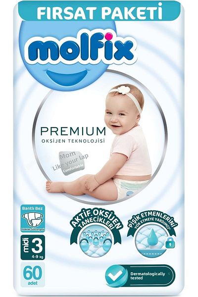 Molfix Premium Baby Diaper Size:3 (4-9kg) Midi 180 Pieces Monthly Ultra Opportunity Package