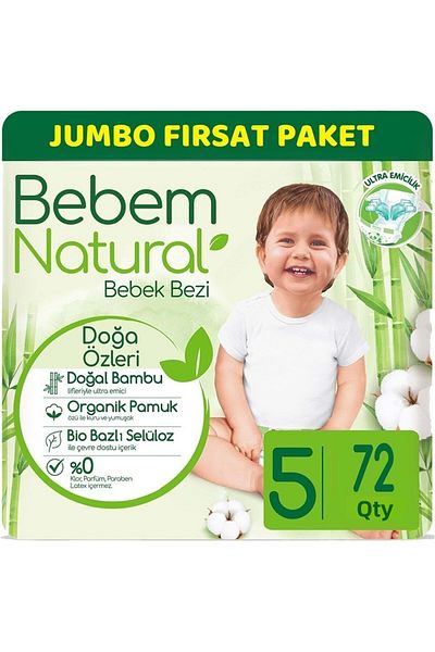 Bebem Natural بيبيم حفاضات أطفال طبيعية جامبو فرسات مقاس 5 (11-18 كجم) جونيور 72 قطعة