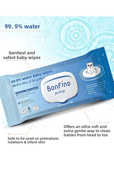 Bonfino 99.9% Water Baby Wipes, Unscented, Hypoallergenic, Chlorine-Alcohol-Paraben-Free, 60 Pieces