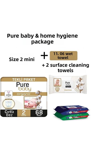 Pure Baby Purebaby 2 - Single Mini Wet Wipes 68 Pieces, 3-6 Kg, 90 Pieces Surface Cleaning, 2 Packs 100 Pieces