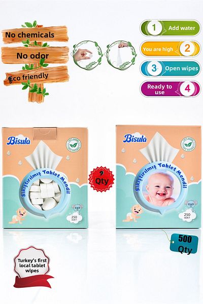 Bisula Compressed Tablet Wipes – Disposable Baby Cleaning Cloth That Opens with Water (2 Boxes of 500 Pieces)