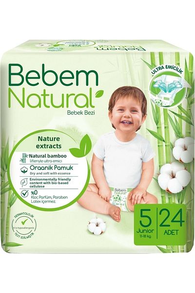 Bebem Natural بيبيم حفاضات أطفال طبيعية جامبو فرسات مقاس 5 (11-18 كجم) جونيور 72 قطعة