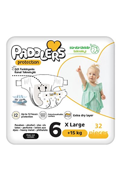 Paddlers حماية حفاضات أطفال مقاس 6 X-Large 32 قطعة (15+كجم) عبوة جامبو