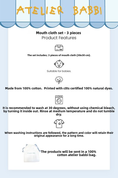 Atelier Babbi 100% Cotton 3-Piece Mouth Cloth Set - Toile De Jouy / Beige
