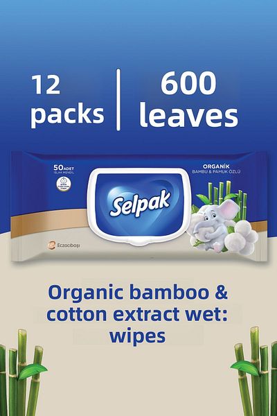 Selpak 12 Pack 600 Sheets - Organic Bamboo and Cotton Extract Wet Wipes