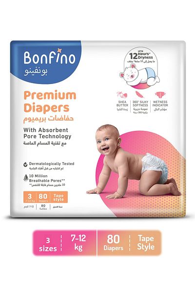 Bonfino Premium Tape Diapers,Paraben Free,Phthalate Free,Dermatologically Tested,Size 3 - 80 Pieces