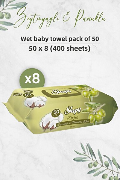 Sleepy منشفة أطفال مبللة بزيت الزيتون الطبيعي والقطن 50 × 8 قطع (400 ورقة)