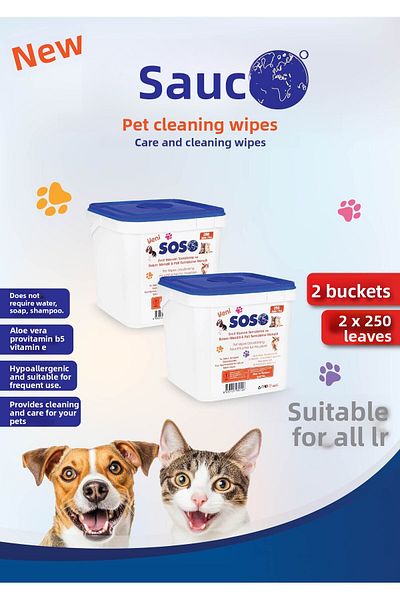 SOSOmarket 2Pcs X 250 Sheets - Soso Bucket Pet Cat Dog Paw and Body Cleaning Wipes Glstd