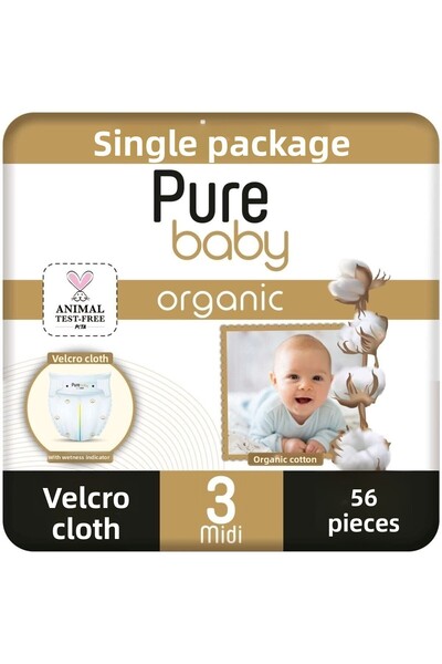 Pure Baby حفاضات أطفال من القطن العضوي بشريط فيلكرو ميدي 3 عدد 56 قطعة