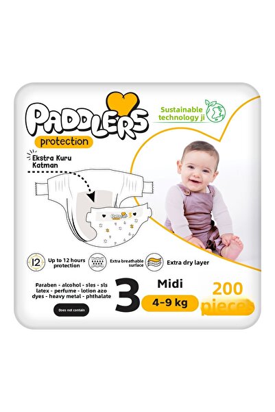 Paddlers حفاضات حماية للأطفال مقاس 3 متوسط ​​200 قطعة (4-9 كجم) مجموعة جامبو إضافية