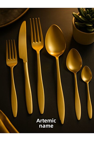 DMR LİFE Gold Dine 18 Piece Dessert Spoon/Fork/Knife Set |   Matte Gold |   6 People |   18/10 Stainless Steel