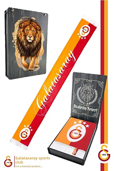 Galatasaray Original Licensed Double Sided Printed Shawl Kaşkol Scarf Lion Printed with Wooden Box