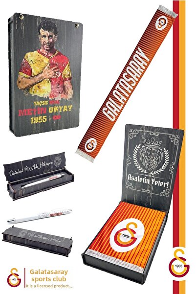 Galatasaray Original Licensed Shawl Kaşkol Scarf and Premium Tip Pen Set with Lion Print Wooden Box