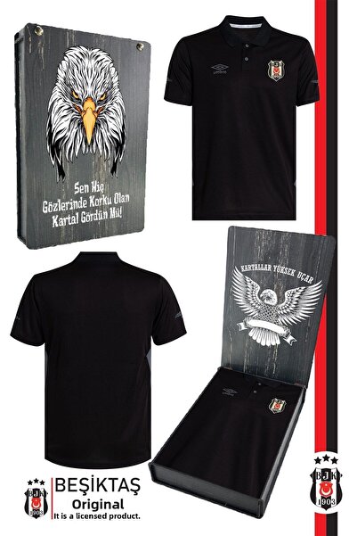 Beşiktaş Μαύρο T-Shirt με Γιακά Πόλο και Άδεια Χρήσης - Με Ξύλινο Κουτί