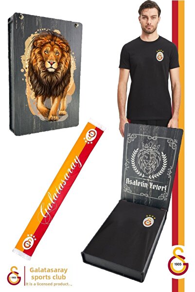 Galatasaray Μαύρο Basic T-Shirt + Kaşkol Σετ με αυθεντικό ξύλινο κουτί ναρκωτ...