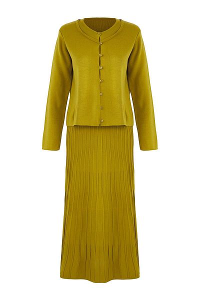 Trendyol Modest Oil Green Buttoned Cardigan-Skirt Knitwear Top and Bottom Set Tctaw24Us00043