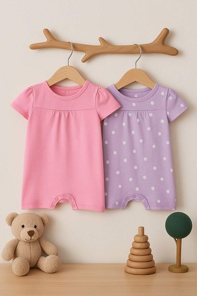 TRENDYOLKIDS Lilac-Pink 2-Piece Baby Girl 100% Cotton Polka Dot Short Sleeve Knitted Jumpsuit Tkdss25Tu00018