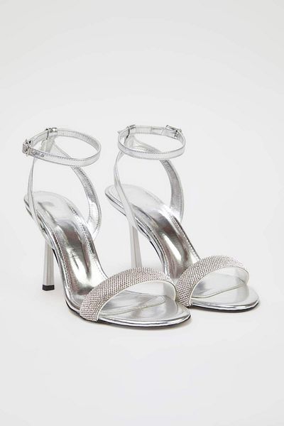 TRENDYOL SHOES Silver Stone Almond Toe Women's Evening Dress Thin Heeled Sandals Takss25To00049