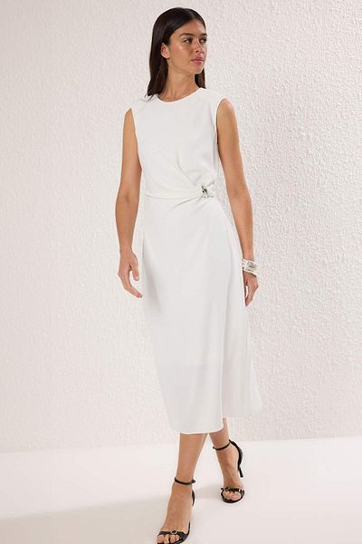 Trendyol Collection White Straight Body Wrap Midi Woven Dress Twoss25El00204