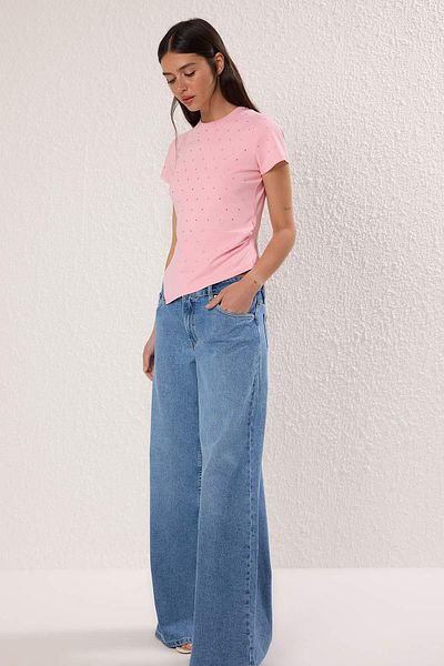 Trendyol Collection Pink Stone Asymmetric Fitted/Skin-Fitting Knitted T-Shirt Twoss25Bz00277