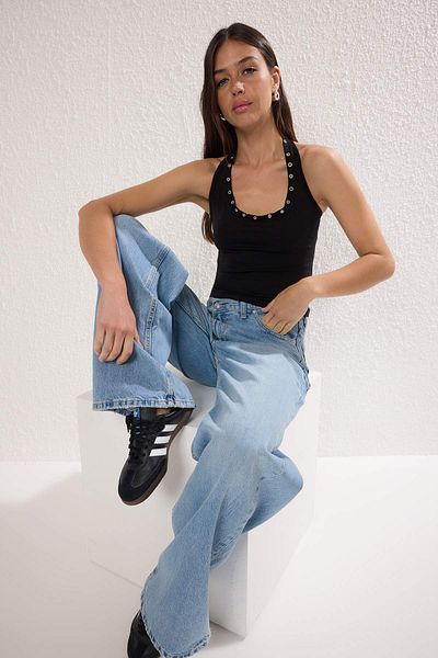 Trendyol Collection Black Bird Eye Detail Halter Neck Knitted Blouse Twoss25Bz00575