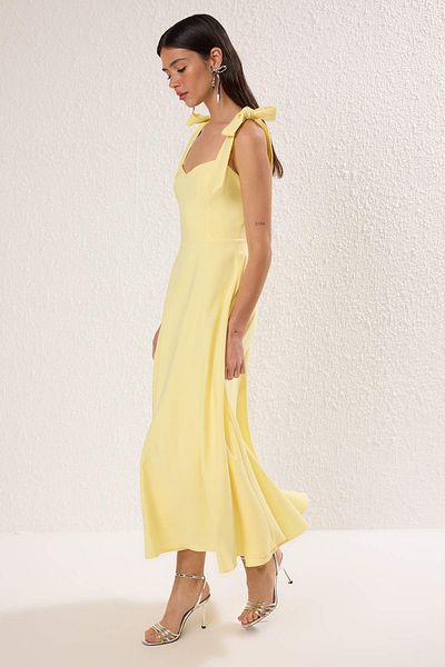 Trendyol Collection Light Yellow A-Line Strap Lacing Detailing Woven Midi Stylish Evening Dress Night Homecoming Dress Tprss24El00251